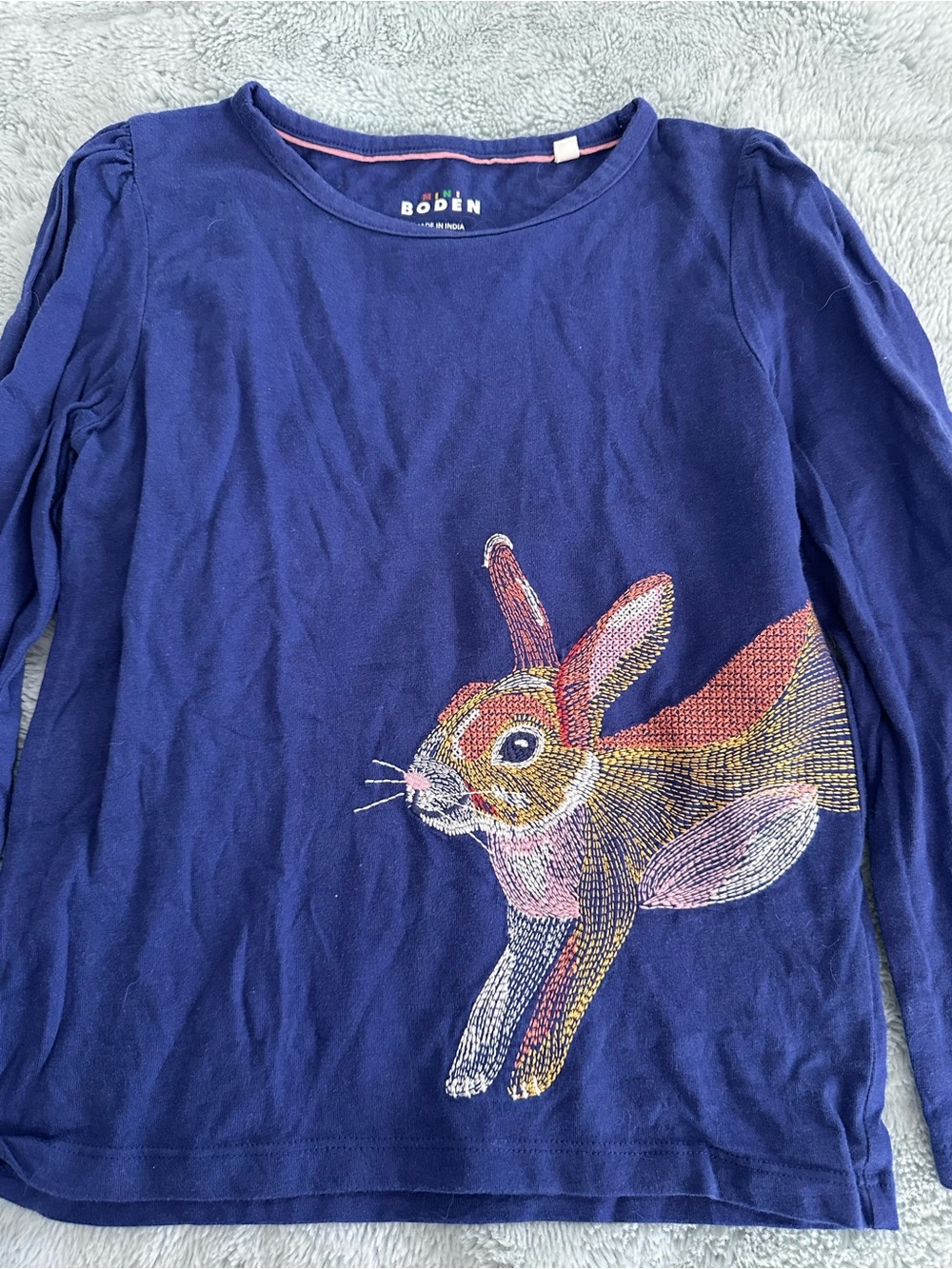 Mini Boden Navy Long-Sleeve Tee with Colorful Embroidered Bunny